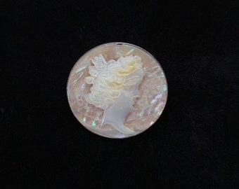 Vintage Carved Mother Of Pearl & Sterling Cameo Brooch