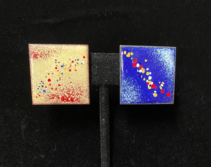 Colorful Vintage Square Copper Enamel Splatter Ware Earrings