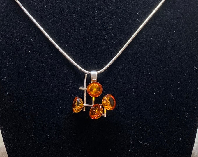 Modernist Abstract Amber and Sterling Pendant Necklace