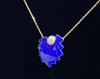 Gorgeous Cobalt Blue Enamel & Pearl Gold Vermeil Over Sterling Pendant Necklace