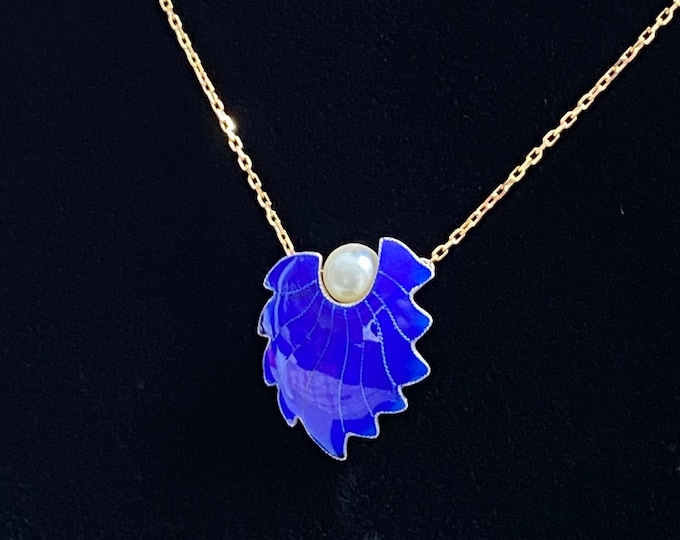 Gorgeous Cobalt Blue Enamel & Pearl Gold Vermeil Over Sterling Pendant Necklace