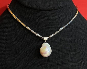 Natural Freshwater Mabe Pearl & Sterling Silver Bar Chain Pendant Necklace
