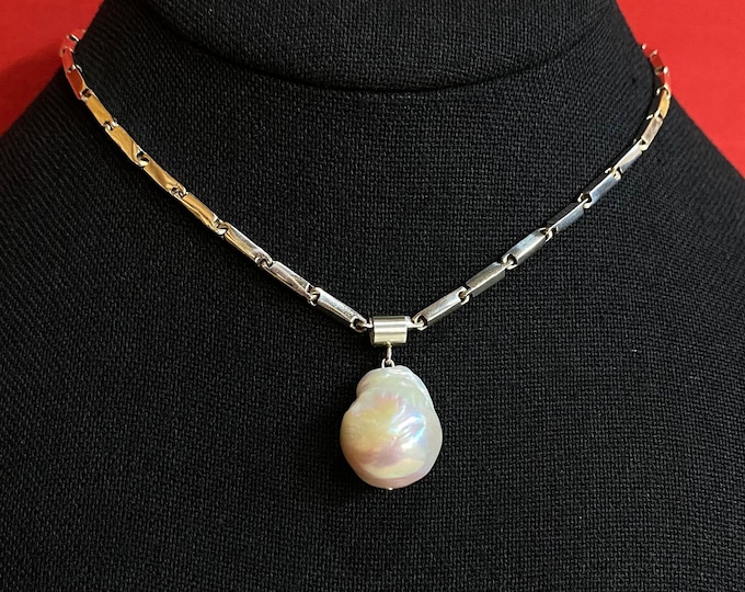 Natural Freshwater Mabe Pearl & Sterling Silver Bar Chain Pendant Necklace