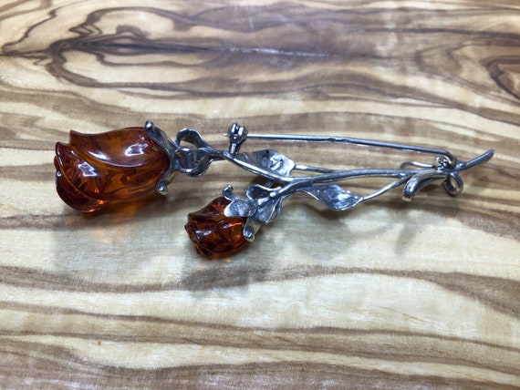 Amber and Sterling Silver Rose Brooch - image 4