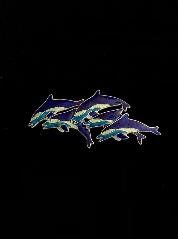 Vintage Vivid Ocean Blue Enamel Dolphins Pod Ster… - image 2