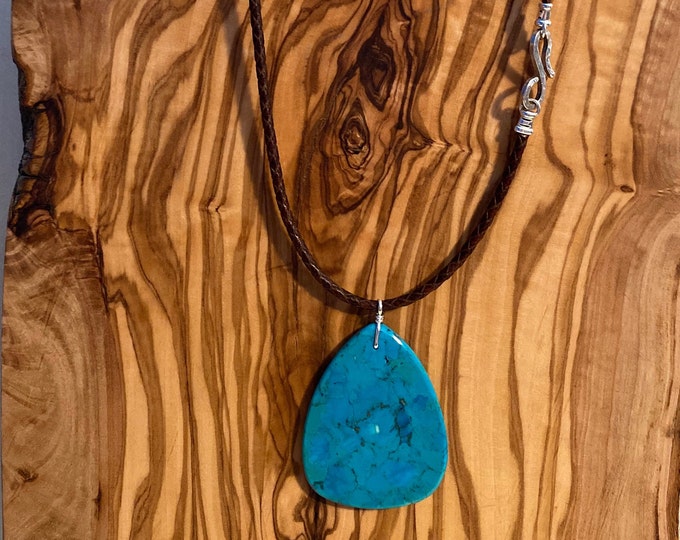 Stunning Blue Turquoise Slab Pendant & Braided Leather Necklace