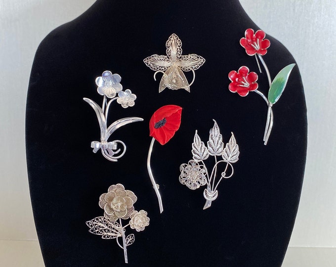 Flowers That Last! Vintage Sterling Enamel & Spun Silver Brooch Pins