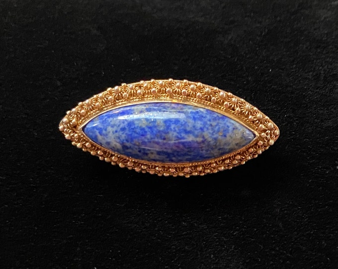 Vintage Sterling Silver Gilt Filigree Oval Lapis Brooch