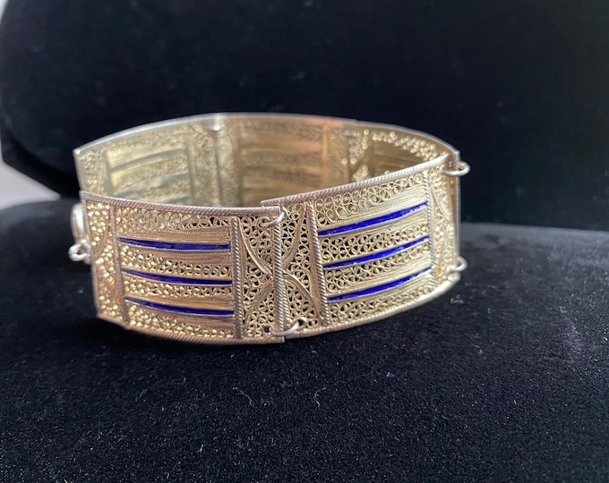 Vintage Blue Enamel Gilt Silver Filigree Panel Bracelet