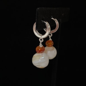 Beautiful Mother of Pearl & Carnelian Sterling Silver Locking Hoop Earrings