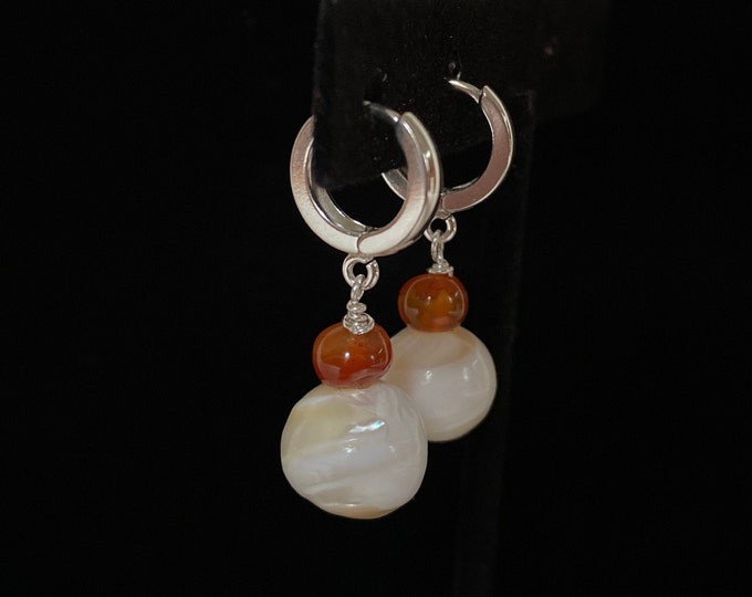 Beautiful Mother of Pearl & Carnelian Sterling Silver Locking Hoop Earrings