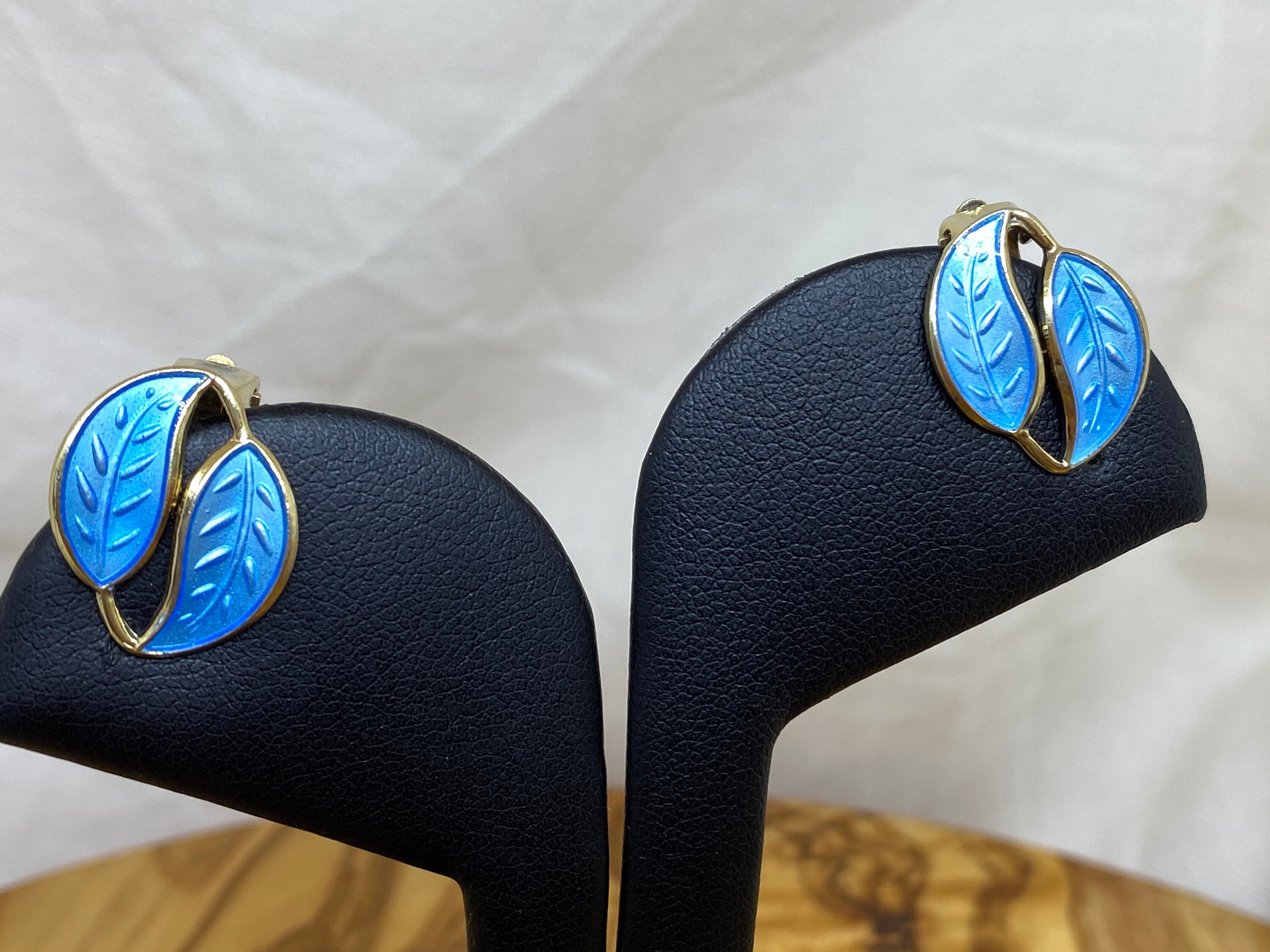Classic David Andersen Blue Enamel Double Leaf Earrings