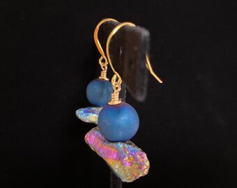 Colorful Fun Blue Druzy Agate & Rainbow Hematite 14k Gold Plated Sterling Drop Earrings