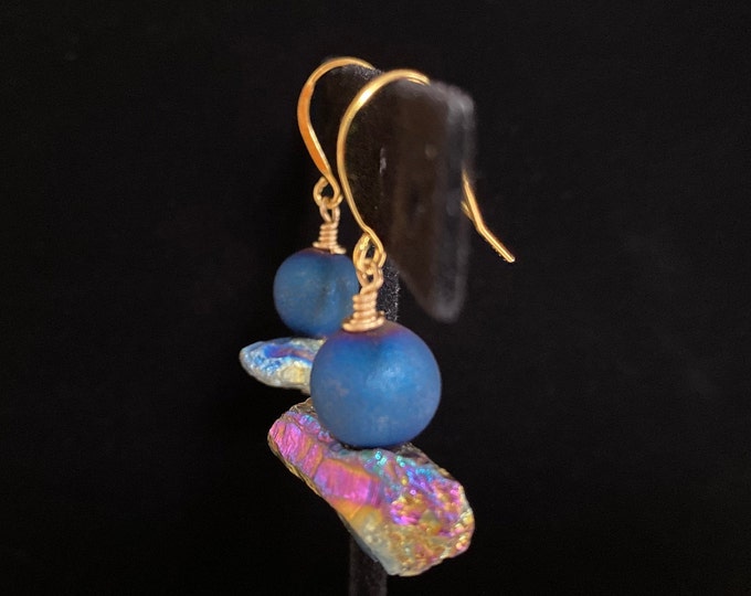 Colorful Fun Blue Druzy Agate & Rainbow Hematite 14k Gold Plated Sterling Drop Earrings