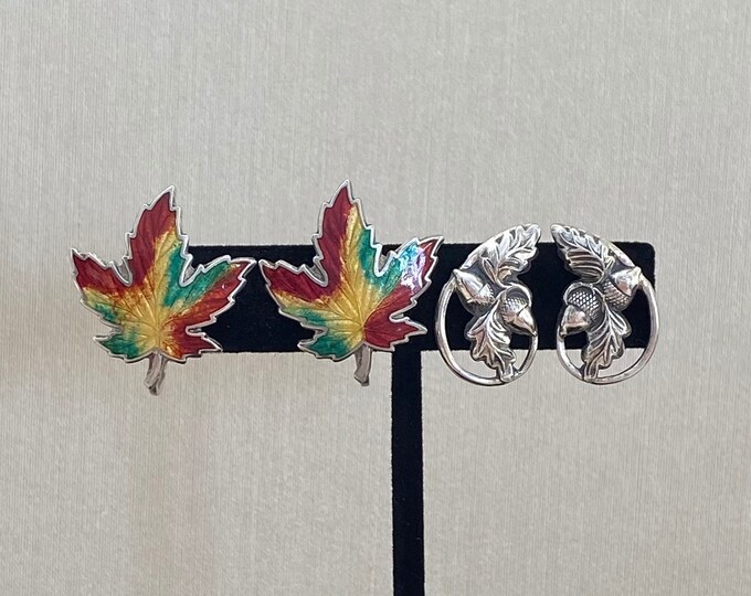 Vintage Fall Sterling & Enamel Acorn Leaf Earrings