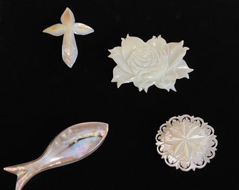 Vintage Iridescent Carved Mother of Pearl Brooches