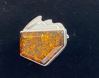 Modernist Amber and Sterling Silver Brooch