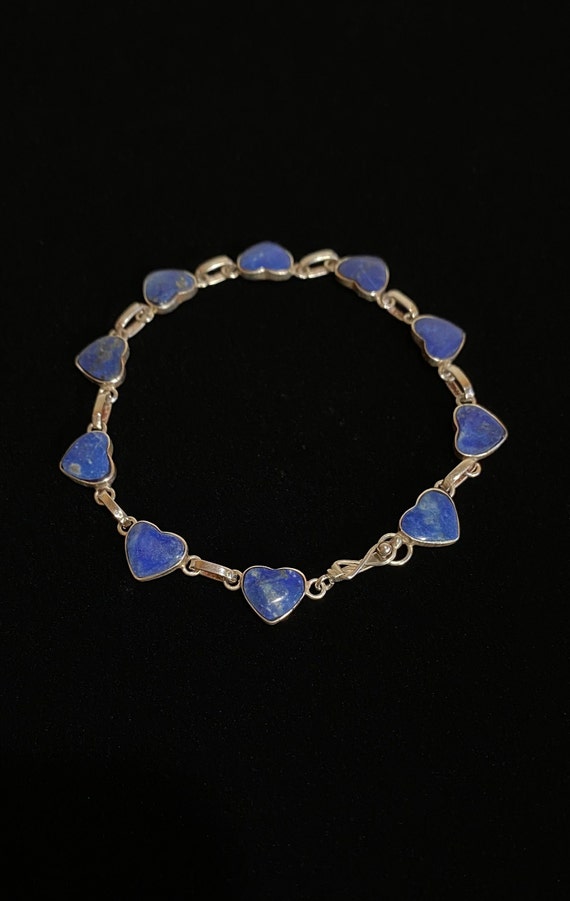 Vintage Sterling Silver & Lapis Hearts Link Chain 