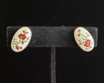 Vintage Red & White Cherry Blossom Enamel Sterling Silver Earrings