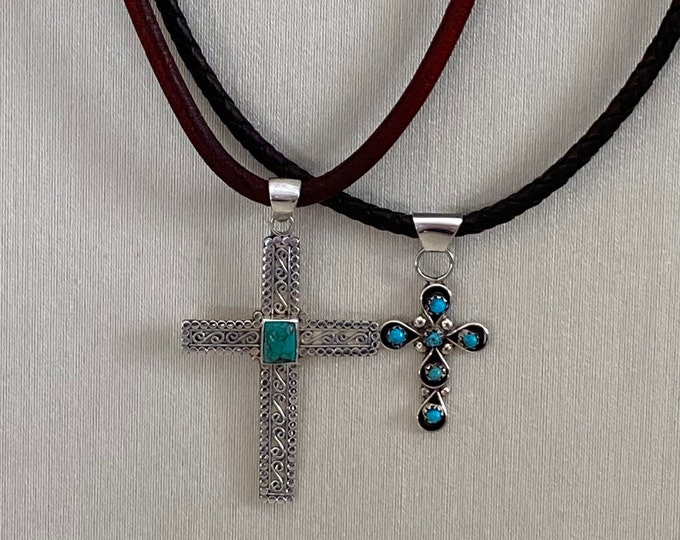 Leather & Sterling Silver Turquoise Cross Pendant Necklace