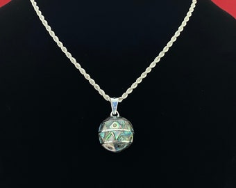 Sterling & Inlay Abalone Shell Harmony Ball Pendant Rope Chain Necklace