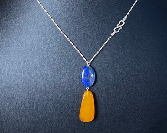 Brilliantly Bold Lapis & Amber Sterling Silver Pendant Necklace