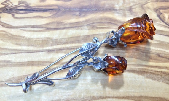 Amber and Sterling Silver Rose Brooch - image 3