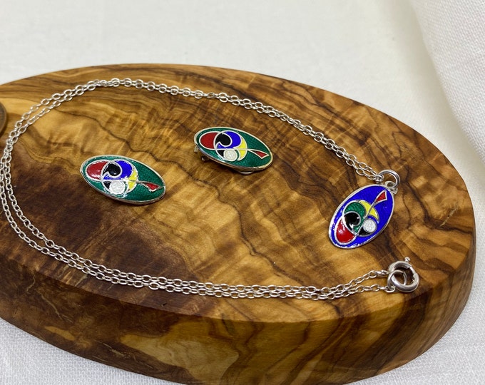 Celtic Colorful Tara Ware Enamel and Sterling Earrings and Necklace Set