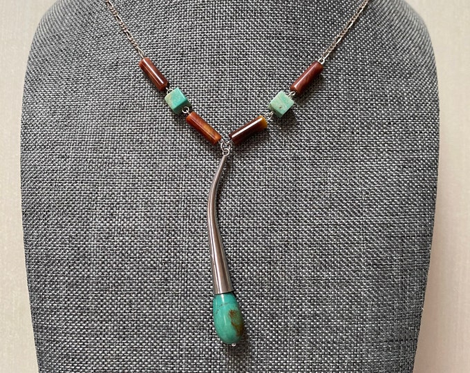 Turquoise and Tigers Eye Sterling Silver Pendant Necklace