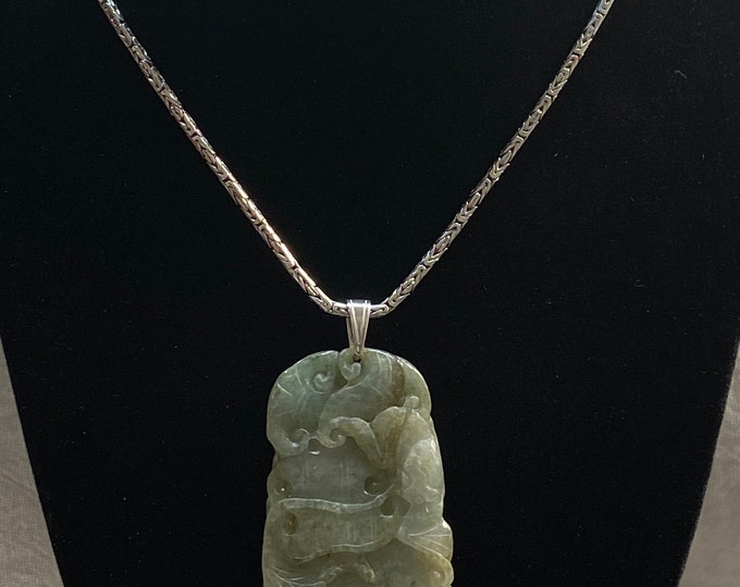 Carved Green Jade Sterling Silver Pendant Necklace
