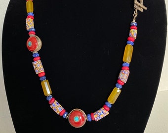Beautifully Colorful Vintage Lapis Citrine Coral Gilt Silver Vintage Asian Style Necklace