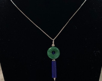 Sterling Silver Jade and Lapis Pendant Necklace