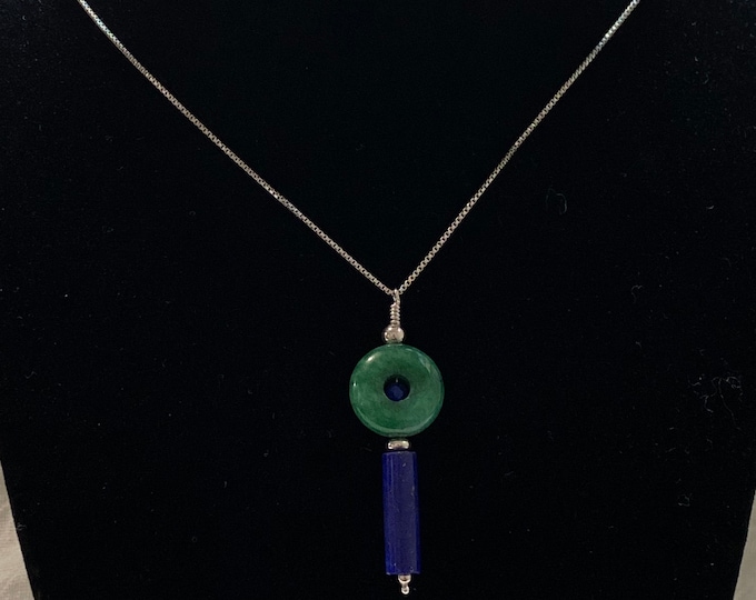 Sterling Silver Jade and Lapis Pendant Necklace