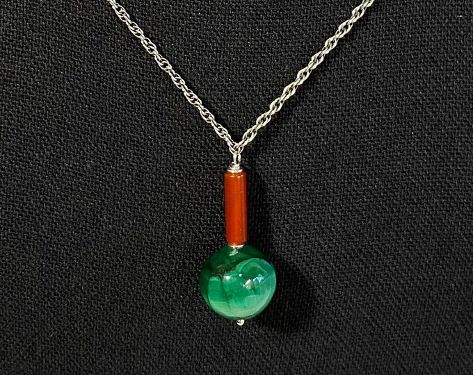 Joyful Transforming  Malachite & Carnelian Sterling Silver Pendant