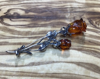 Amber and Sterling Silver Rose Brooch