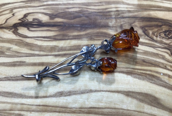Amber and Sterling Silver Rose Brooch - image 1