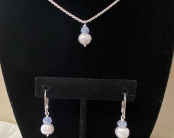 Pearl & Blue Onyx Sterling Silver Necklace and Earring Set