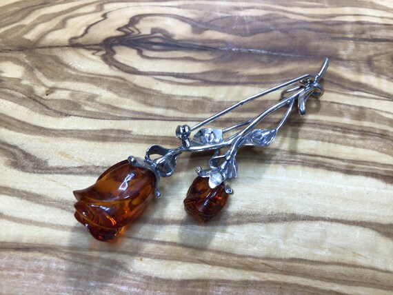 Amber and Sterling Silver Rose Brooch - image 5