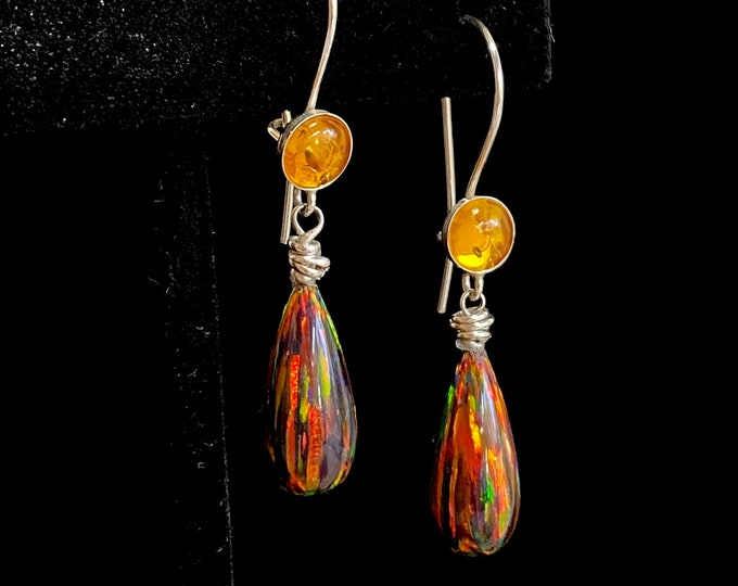 Striking Black Opal & Amber Sterling Silver Teardrop Earrings