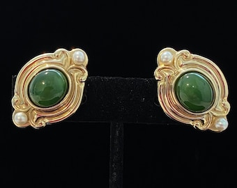 Elegant 14K Jade & Pearl French Clip Earrings