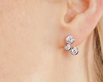 Sterling Silver Cubic Zirconia Stud Earrings, Triple Stone Bezel Set