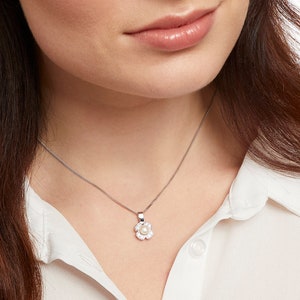 Floral Pearl Pendant Necklace, Cubic Zirconia Stones Necklace, Sterling Silver Fresh Pearl Necklace Gift for Her