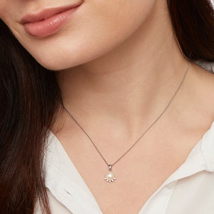 Pearl Pendant Necklace, Sterling Silver Freshwater Pearl Necklace with Cubic Zirconia, Halo Stone Necklace for Her