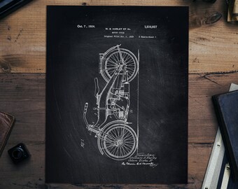 Vintage Harley Davidson Motorcycle Patent Print on Black Chalkboard, Retro Print, Wall Decor, DIGITAL DOWNLOAD