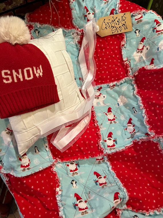 Christmas Gnomes Rag Quilt Throw. Handmade