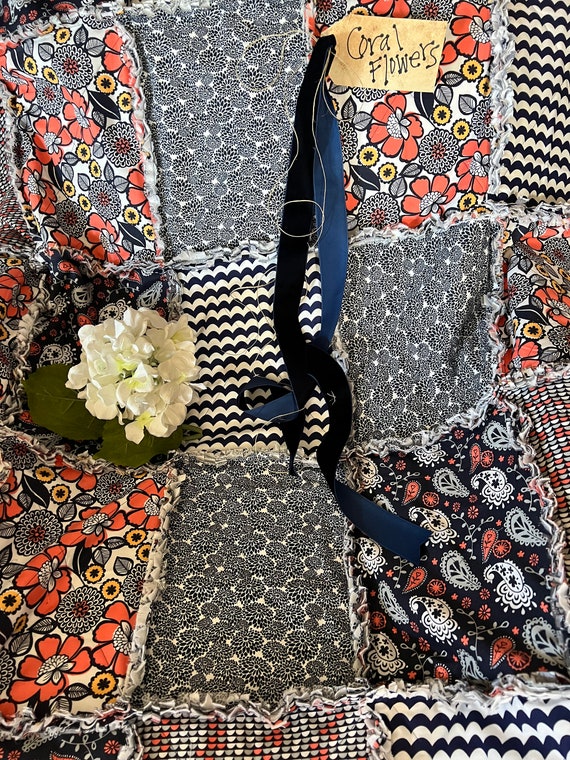 Blue and Coral Floral Rag Quilt. Handmade
