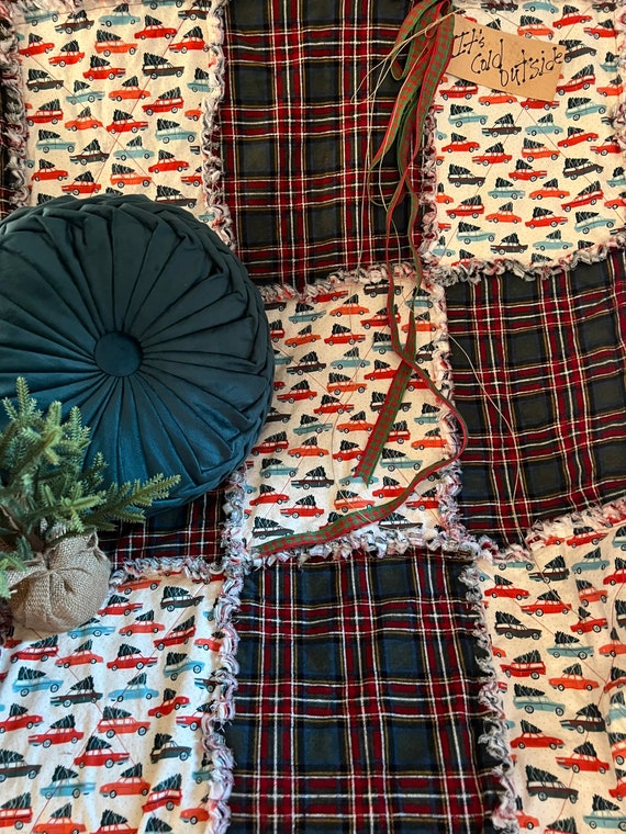 Christmas Truck Plaid Rag Quilt Throw. Handmade