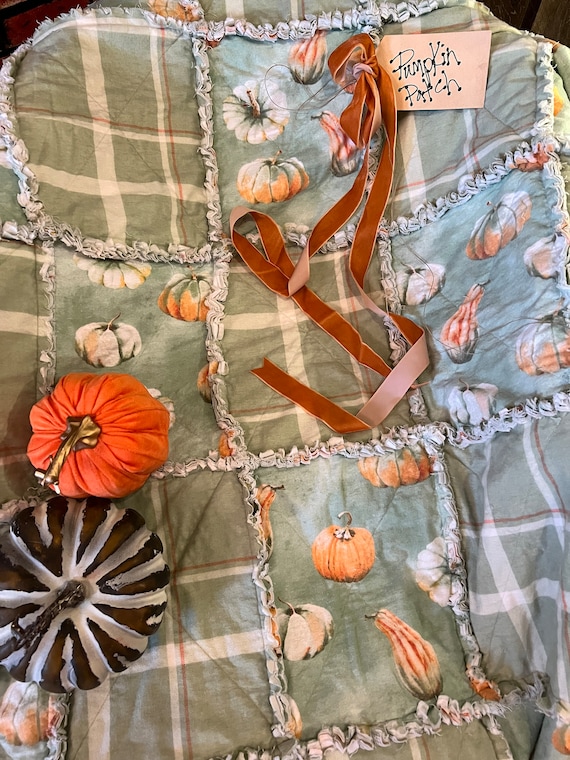 Pumpkin Fall Rag Quilt Throw. Handmade
