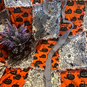 Halloween Pumpkin and Spider Web Rag Quilt Throw. Handmade