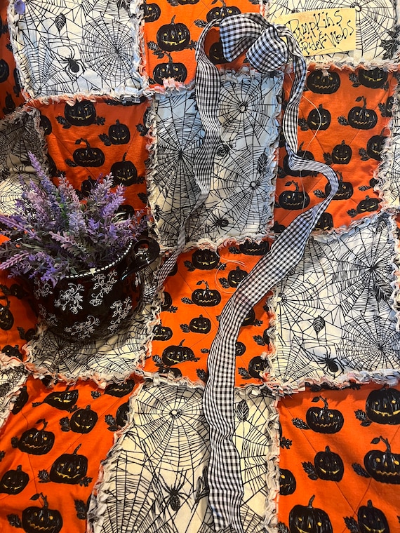 Halloween Pumpkin and Spider Web Rag Quilt Throw. Handmade